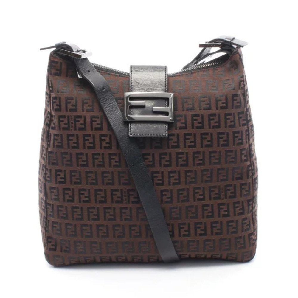 Fendi Zucchino Shoulder Bag Leather Brown Black